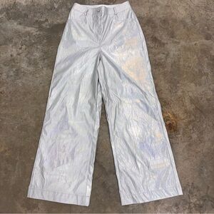 Annorlunda Y2K Silver Metallic Holographic Clubwear Wide Leg Pants Womens 4